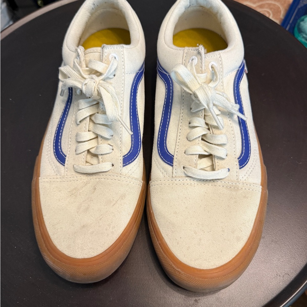 Vans Men's Cream and Blue Sneakers with Tan Soles